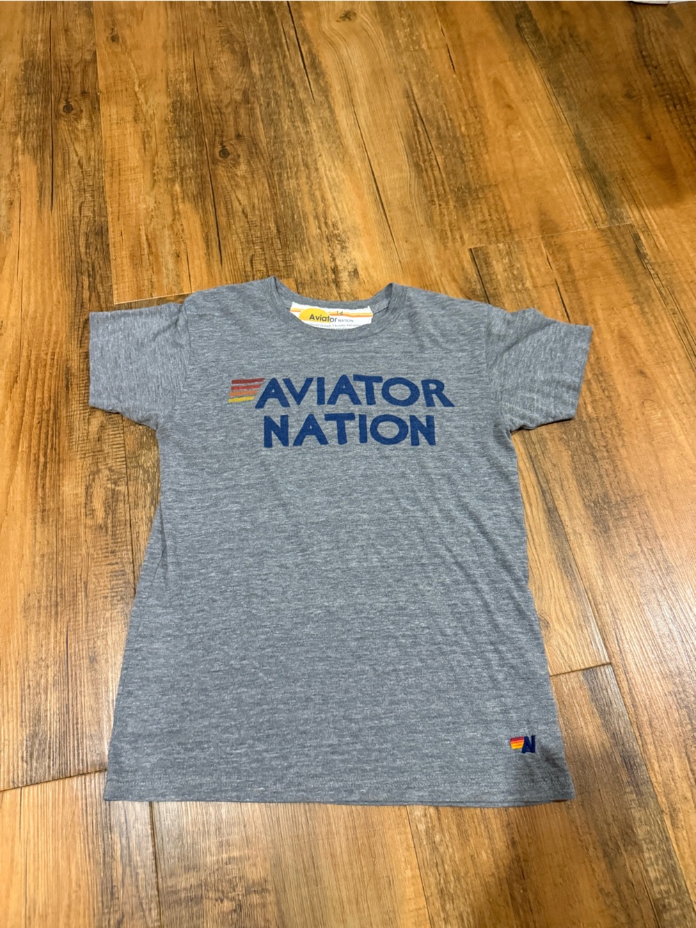 Kids Aviator Nation Gray Tee with Blue Logo and Multicolor Accent